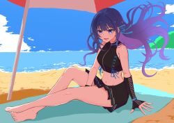 1girl beach beach_mat beach_umbrella bikini highres idolmaster idolmaster_va-liv kamizuru_cosmo kamizurucosmo long_hair multicolored_hair ocean outdoors swimsuit two-tone_hair umbrella