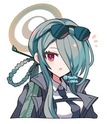 1girl :o black_jacket black_necktie blue_archive blush braid braided_hair_rings collared_shirt commentary cropped_torso dot_nose eyewear_on_head hair_over_one_eye hair_rings halo highres jacket looking_at_viewer mina_(blue_archive) necktie open_clothes open_jacket open_mouth red_eyes shirocha_tei shirt simple_background solo sunglasses twitter_username white_background white_shirt yellow_halo
