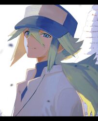 Rule 34 | 1boy, baseball cap, black hat, black undershirt, blue eyes, collared shirt, green hair, hair between eyes, hat, highres, letterboxed, long hair, looking at viewer, male focus, n (pokemon), nintendo, pokemon, pokemon bw, ponytail, shirt, simple background, smile, solo, upper body, white background, white shirt, zero (sleepy meltan)