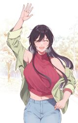 1girl ^_^ armpits black_hair blouse blue_pants bright_background closed_eyes collarbone cropped_sweater_vest day denim double-parted_bangs eyelashes facing_viewer green_shirt idolmaster idolmaster_shiny_colors jacket jacket_partially_removed jeans light_blush long_hair midriff navel open_mouth outdoors pants randompeeps red_sweater_vest shirase_sakuya shirt sleeveless sleeveless_turtleneck smile solo sweat sweater sweater_vest swept_bangs tree turtleneck turtleneck_sweater waving