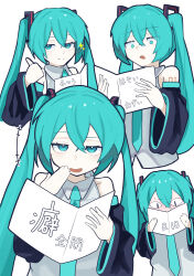 Rule 34 | &lt;|&gt; &lt;|&gt;, +++, 1girl, :d, absurdres, aqua eyes, aqua hair, aqua necktie, bare shoulders, black sleeves, blush, book, collared shirt, commentary request, confused, crossed bangs, detached sleeves, full-face blush, grey shirt, hair between eyes, hair tie, hand to own mouth, hatsune miku, highres, holding, holding book, jitome, long hair, long sleeves, looking at viewer, multiple views, necktie, number tattoo, open mouth, sacrai, shirt, simple background, sleeveless, sleeveless shirt, smile, smug, sparkle, split mouth, sweatdrop, tattoo, thumbs up, translation request, twintails, upper body, very long hair, vocaloid, white background, wide-eyed, wide sleeves
