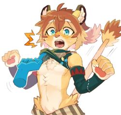 1boy animal_ears blue_eyes blush claws disembodied_hand fangs furry furry_male gatugatuwdfp lion_boy lion_ears lion_tail male_focus open_mouth pawpads ponytail surprised tail theo_(world_flipper) whiskers white_background world_flipper
