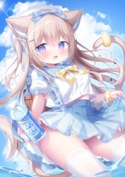 1girl animal_ears blonde_hair blue_bow blue_eyes blue_sailor_collar blue_skirt blush bottle bow bowtie breasts cat_ears cat_girl cat_tail frills hair_bow hair_ornament holding holding_bottle large_breasts long_hair open_mouth original outdoors sailor_collar shirt short_sleeves skirt solo tail thighhighs tsukimi_mumi water water_bottle white_shirt white_thighhighs yellow_bow yellow_bowtie