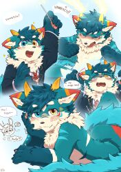 !? 2boys @_@ animal_ears artist_name betsuto_39 blue_fur blue_hair blush chibi claws closed_mouth commentary dragon_boy dragon_horns english_commentary english_text fogue_(xxl) furry furry_male highres holding holding_wand horns kantos_(xxl) looking_at_viewer looking_to_the_side male_focus multicolored_hair multiple_boys multiple_views no_pants open_mouth orange_hair pawpads rabbit_boy rabbit_ears saliva school_uniform shota smile speech_bubble wand xxl_woofia