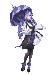 1girl absurdres ahoge black_hairband black_nails black_shoes bow bowtie breasts center_frills commentary drill_hair frills full_body gem hairband higasino3ldk highres holding holding_umbrella long_hair long_sleeves looking_at_viewer mole mole_under_eye outstretched_arm pantyhose pointy_ears purple_bow purple_bowtie purple_gemstone purple_hair purple_umbrella red_eyes shoes sideboob_cutout simple_background solo umbrella vivian_(zenless_zone_zero) white_background zenless_zone_zero