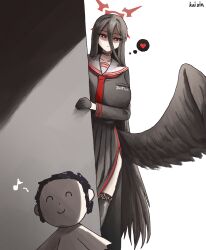 1boy 1girl absurdres artist_name black_choker black_gloves black_hair black_serafuku black_shirt black_skirt black_wings blue_archive breasts choker collarbone doodle_sensei_(blue_archive) eighth_note feathered_wings gloves hair_between_eyes halo hasumi_(blue_archive) highres huge_breasts kai_xin long_hair long_sleeves low_wings musical_note neckerchief peeking_out pleated_skirt red_eyes red_halo red_neckerchief school_uniform sensei_(blue_archive) serafuku shirt skirt smile very_long_hair wings