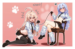 Rule 34 | +++, 2girls, :d, ahoge, bakasp-lilzy, belt, black gloves, black necktie, black skirt, blonde hair, blue hair, blush, border, breasts, brown belt, brown shoes, closed mouth, collared shirt, commentary, cropped shirt, double-parted bangs, english commentary, full body, gloves, hair between eyes, highres, holding, holding leash, leash, long hair, long sleeves, loose socks, midriff, multiple girls, navel, necktie, open mouth, original, outline, outside border, pet play, pleated skirt, red background, red eyes, shirt, shoes, sitting, skirt, smile, socks, squiggle, underboob, white border, white outline, white shirt, white socks