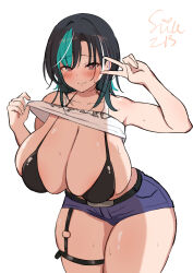 1girl absurdres alternate_breast_size aqua_streaks bikini black_bikini black_hair blush breasts cleavage clothes_lift commentary_request garter_straps hands_up highres hololive hololive_dev_is huge_breasts looking_at_viewer medium_hair o-ring red_eyes rindo_chihaya shirt_lift sideboob signature simple_background smile solo suica_koubou sweat swimsuit tank_top thick_thighs thigh_strap thighs v virtual_youtuber white_background white_tank_top