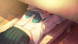 1girl blue_bow blue_skirt bow brown_hair chest_bow chuo_tanegashima_high_school_uniform dirty dirty_clothes from_above fukuda_tomonori game_cg grease_(mechanical) high-waist_skirt highres lying mechanic midriff_peek non-web_source official_art on_back open_mouth pleated_skirt robotics;notes sailor_collar school_uniform senomiya_akiho shirt skirt solo sunset tongue wheel white_sailor_collar white_shirt