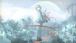1girl absurdres bird blue_eyes blue_flower blue_rose character_request choker cloud cloudy_sky flagstone flower high_heels highres holding holding_umbrella indie_virtual_youtuber jasmine_(flower) lace lace_choker long_hair pantyhose plant pumps rabbit rain rainbow ribbon rose sky solo trellis umbrella very_long_hair virtual_youtuber white_flower white_hair white_pantyhose yuishironeko