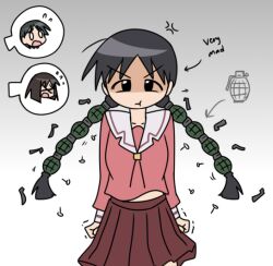 &gt;_&lt; 3girls anger_vein angry azumanga_daioh&#039;s_school_uniform azumanga_daiou black_hair braid breasts chihiro_(azumanga_daioh) clenched_hands farhan_melukis grenade_hair_ornament kaori_(azumanga_daioh) long_hair looking_at_viewer maroon_skirt midriff_peek multiple_girls pink_shirt pleated_skirt pout rachel_handlebarz scared school_uniform shirt skirt sweatdrop twin_braids white_sleeve_cuffs