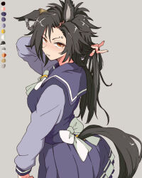 Rule 34 | 1girl, air shakur (umamusume), animal ears, black hair, blue serafuku, blue shirt, blue skirt, bow, chain, clothing cutout, color guide, commentary, ear chain, ear ornament, english commentary, eyebrow piercing, from side, grey background, holding, holding own hair, horse ears, horse girl, horse tail, linked piercing, long hair, long sleeves, looking at viewer, looking to the side, orange eyes, piercing, pleated skirt, sailor collar, sailor shirt, school uniform, serafuku, sharp teeth, shirt, shirt bow, simple background, skirt, solo, tail, tail through clothes, teeth, toriga naku, tracen school uniform, umamusume, white bow