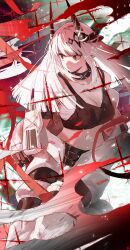 Rule 34 | 1girl, absurdres, arknights, black horns, black sports bra, breasts, cleavage, commentary request, crop top, demon horns, highres, horns, infection monitor (arknights), jumpsuit, large breasts, long hair, material growth, mudrock (arknights), mudrock (elite ii) (arknights), open jumpsuit, open mouth, oripathy lesion (arknights), pointy ears, red eyes, solo, songchuan li, sports bra, white hair, white jumpsuit