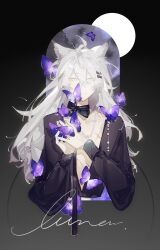 Rule 34 | 1girl, absurdres, animal ears, arknights, black shirt, bug, butterfly, chinese commentary, closed mouth, commentary request, cropped torso, hair between eyes, hair ornament, hairclip, hewu639356, highres, insect, lappland (arknights), long hair, long sleeves, looking at viewer, open clothes, open shirt, purple butterfly, scar, scar across eye, scar on chest, scar on face, shirt, smile, solo, white eyes, white hair, wolf ears, wolf girl