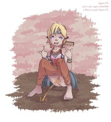 1girl bandaid bandaid_on_face bandaid_on_nose bare_shoulders barefoot blonde_hair borderlands_(series) censored clothes_pull double_middle_finger feet geminitl grass grave headband highres loli looking_at_viewer middle_finger open_mouth orange_pants pants pants_pull peeing purple_eyes pussy red_shirt shirt short_hair sleeveless sleeveless_shirt smile squatting tiny_tina tombstone tongue tongue_out wristband