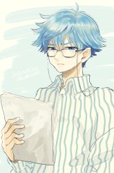 1boy adam&#039;s_apple blue_eyes blue_hair closed_mouth dated fate/grand_order fate_(series) glasses hans_christian_andersen_(fate) highres holding holding_paper looking_at_viewer male_focus odetooo paper shirt solo striped_clothes striped_shirt unamused