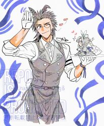 1boy 1girl aerith_gainsborough aerith_gainsborough_(classic_coney) animal_ears apron arm_ribbon back_ribbon black_apron black_hair black_vest blue_eyes blue_ribbon braid braided_ponytail closed_mouth collared_shirt commentary_request cowboy_shot cross_scar dress earrings easter facial_scar final_fantasy final_fantasy_vii final_fantasy_vii_ever_crisis gloves hand_up hat heart holding holding_plate jewelry looking_at_another mini_hat mini_person minigirl monocle mrg2by official_alternate_costume one_eye_closed parted_bangs plate ponytail rabbit_ears rabbit_pose rabbit_tail ribbon scar scar_on_cheek scar_on_face shirt short_hair sleeves_rolled_up smile sparkle spiked_hair stud_earrings tail vest waist_apron white_gloves white_shirt zack_fair zack_fair_(bunny_butler)