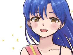 1girl blue_hair blush brown_eyes collarbone forever_star_(idolmaster) hair_between_eyes highres idolmaster idolmaster_(classic) idolmaster_2 kisaragi_chihaya long_hair looking_at_viewer naruse_ill open_mouth portrait simple_background smile solo star_(symbol) star_in_eye symbol_in_eye white_background