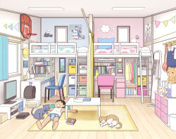 1boy blue_male_underwear brown_hair carpet cat chabudai_(table) chair child curtains desk fixed-point_camera indoors kiyo_(kyokyo1220) korilakkuma loaded_interior loft_bed lying male_underwear mirror on_back on_floor ootani_shouhei original poster_(object) rilakkuma san-x shirt short_hair sleeping solo stuffed_animal stuffed_toy table teddy_bear television time_lapse underwear white_shirt window