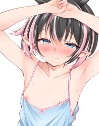 1girl absurdres akai_watame alternate_costume arms_up black_hair blue_camisole blue_eyes blush camisole closed_mouth demon_girl demon_horns flat_chest hair_between_eyes highres horns long_hair looking_at_viewer multicolored_hair nanashi_inc. nipples oinomori_may pink_hair pointy_ears simple_background smile solo streaked_hair sweat two-tone_hair upper_body virtual_youtuber white_background