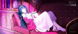 1girl absurdres astra_yao bare_shoulders barefoot blue_hair couch dress earrings hairband highres jacket jewelry long_hair looking_at_viewer lying mogamigawa_(mwft8758) on_couch parted_bangs pink_jacket purple_eyes sidelocks sleeveless sleeveless_dress solo white_dress white_hairband zenless_zone_zero