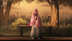 1girl absurdres animal_ear_headphones animal_ears aubrey_(birthday)_(omori) aubrey_(faraway)_(omori) aubrey_(omori) bag_charm bench blue_eyes braid cellphone charm_(object) choccymilk303 crop_top cup cupcake_bunny_(omori) denim drinking_straw fake_animal_ears full_body hair_ornament hairclip headphones highres holding holding_cup jacket jeans long_hair low_twin_braids motor_vehicle mr._plantegg_(omori) omori outdoors pants phone pink_hair pink_jacket power_lines rabbit_ear_headphones scooter smartphone solo standing torn_clothes torn_jeans torn_pants twin_braids
