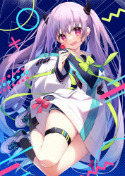 1girl black_socks bow candy commentary_request food green_bow green_ribbon highres holding holding_food jacket lollipop long_hair long_sleeves looking_at_viewer open_mouth original purple_hair red_eyes ribbon shirt shoes shorts sneakers socks solo suimya thigh_strap twintails very_long_hair white_shoes