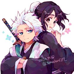 black_kimono bleach blush brown_eyes brown_hair bun_cover crossed_arms green_eyes hair_bun highres hinamori_momo hitsugaya_toushirou japanese_clothes kimono short_hair sidelocks simple_background sword tama-chan_(momomomijisakura) tears weapon weapon_on_back white_background white_hair