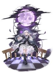 1girl absurdres black_dress black_wings dress full_body full_moon goth_fashion gothic_lolita hairband highres lolita_fashion long_hair looking_at_viewer majinno moon railing reaching reaching_towards_viewer red_eyes rozen_maiden sitting solo suigintou tile_floor tiles white_background white_hair wings