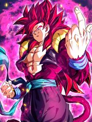 1boy absurdres blue_eyes blue_sash come_at_me_bro dragon_ball dragon_ball_heroes fusion fusion_dance gogeta gogeta_(xeno) highres long_hair metamoran_vest monkey_boy monkey_tail pink_fur red_fur red_hair sash sekitsuki_hayato solo spiked_hair super_full_power_saiyan_4_limit_breaker super_saiyan super_saiyan_4 tail