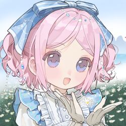 1girl bead_bracelet beads blue_bow blue_dress blue_eyes blue_sky bow bracelet bubble&#039;s_hometown_(infinity_nikki) bubble_print buttons center_frills chinese_commentary circlet collared_shirt commentary_request daisy_(flower) day dot_nose dress eyelashes field flower flower_field frilled_dress frilled_gloves frills gloves hair_beads hair_bow hair_ornament happy highres infinity_nikki jewelry lake light_blush looking_ahead mountainous_horizon nikki_(series) object_floating_above_hand open_mouth outdoors pinafore_dress pink_hair puffy_short_sleeves puffy_sleeves shirt short_hair short_sleeves sky sleeveless sleeveless_dress smile solo sparkle striped_bow suannai_pidong tareme two_side_up upper_body wavy_hair white_flower white_gloves white_shirt