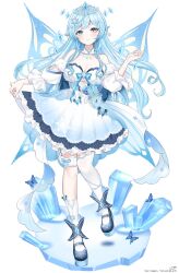 1girl asymmetrical_legwear bare_shoulders black_shoes blue_bow blue_eyes bow breasts bug butterfly butterfly_ornament character_name cleavage closed_mouth collar detached_collar dress fairy fairy_wings frilled_dress frills full_body highres indie_virtual_youtuber insect k_(art71) long_hair pointy_ears shoes snow_v_neige snowflake_print solo thighhighs tiara twitter_username virtual_youtuber white_collar white_dress white_thighhighs wings