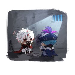 2boys absurdres blue_hair brant_(wuthering_waves) card chibi chibi_only commentary english_commentary hat hat_feather highres holding holding_card male_focus multiple_boys musical_note papu_ri_ca playing_card prison red_eyes red_hair scar scar_(wuthering_waves) scar_across_eye scar_on_face short_hair sitting tricorne white_hair wuthering_waves