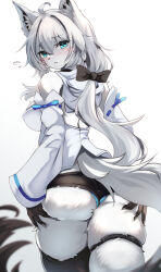 1girl an_choby animal_ear_fluff animal_ears ass black_bow black_ribbon black_shorts black_thighhighs blue_eyes blue_panties blue_ribbon blush bow fox_ears fox_girl fox_tail furrification furry furry_female highres hololive jacket long_hair looking_at_viewer panties ribbon shirakami_fubuki shorts simple_background solo tail thighhighs underwear virtual_youtuber white_hair white_jacket