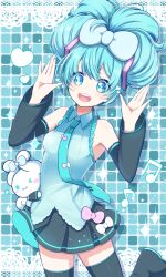 1girl :d ;3 absurdres aqua_theme black_shoes black_skirt black_sleeves blue_bow blue_eyes blue_shirt bow cinnamiku cinnamoroll collared_shirt commentary_request detached_sleeves fuwa_fuwa_cinnamoroll hair_bow hatsune_miku heart highres long_sleeves looking_at_viewer musical_note one_eye_closed open_mouth partial_commentary pina710 pink_bow pleated_skirt sanrio shirt shoes skirt sleeveless sleeveless_shirt smile solo teeth tongue updo upper_teeth_only vocaloid white_bow