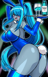 1girl animal_ears biohazard_symbol blue_eyes blue_hair blue_skin bottle breasts collar colored_skin cuff_links cup dark_samus drinking_glass fangs gloves highres iriomote_umineko large_breasts leotard long_hair looking_at_viewer looking_back metroid naughty_face nintendo playboy_bunny ponytail rabbit_ears rabbit_tail saliva shiny_clothes solo star_(sky) star_(symbol) starry_background sweat sweatdrop swirl tail thick_thighs thighhighs thighs tongue tongue_out tray wine_bottle wine_glass
