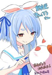 1girl animal_ears blue_hair blue_ribbon blush brown_eyes closed_mouth commentary_request dress hair_between_eyes hair_ribbon heart heart-shaped_eyes highres hololive kiritoma one_side_up pekomon_(usada_pekora) profile rabbit-shaped_pupils rabbit_ears ribbon short_eyebrows short_sleeves signature simple_background smile symbol-shaped_pupils thick_eyebrows translation_request upper_body usada_pekora usada_pekora_(casual) white_background white_dress