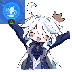 Rule 34 | 1girl, ahoge, ascot, blue ascot, blue brooch, blue gemstone, blue hair, blue jacket, crown, furina (genshin impact), gameplay mechanics, gem, genshin impact, jacket, long hair, mini crown, multicolored hair, open mouth, ouji fashion, rasarasu, solo, streaked hair, twitter username, white hair
