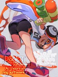 1girl adversarial_noise ass bike_shorts black_shorts grey_background gun headphones hirotaka_(hrtk990203) holding holding_gun holding_weapon ink inkling inkling_girl inkling_player_character long_hair looking_at_viewer looking_back nintendo open_mouth orange_eyes orange_hair paint print_shirt shirt shorts smile solo splatoon_(series) splatoon_1 splattershot_(splatoon) t-shirt watermark weapon white_shirt