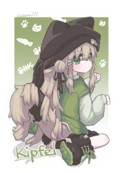 1girl animal_ear_headwear animal_ears animal_hat artist_name badge beanie black_ribbon black_shoes black_shorts blush boots border brown_hair button_badge cat_girl cat_hat cat_tail character_name closed_mouth dog_tail fake_animal_ears from_behind full_body gradient_background green_background green_eyes green_shoes green_sweater green_vest hair_between_eyes hair_bun hair_ornament hair_ribbon hairclip hat jack_pot_777 kipfel_(vrchat) long_hair long_sleeves looking_at_viewer looking_back outside_border paw_pose paw_print puffy_long_sleeves puffy_sleeves ribbon shirt shoe_soles shoes shorts sidelocks sitting skirt sleeves_past_wrists solo sweater sweater_vest tail tail_ornament very_long_hair vest vrchat wariza white_border white_shirt