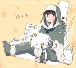 1girl alternate_costume black_hair blue_neckerchief boots brown_eyes coat commentary_request dice fubuki_(kancolle) grey_coat grey_hat grey_pants hat highres kantai_collection ma_rukan medium_hair neckerchief orange_background oversized_object pants sidelocks smokestack snowflake_background solo translation_request