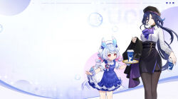 2girls absurdres belt black_belt black_hat black_pantyhose black_skirt blue_dress blue_hair clorinde_(genshin_impact) clorinde_(luckin_coffee)_(genshin_impact) closed_mouth collared_shirt cup detexted disposable_cup dress genshin_impact hat highres holding holding_cup long_hair long_sleeves looking_at_viewer miniskirt multiple_girls official_alternate_costume official_art pantyhose parted_lips pom_pom_(clothes) puffy_short_sleeves puffy_sleeves purple_eyes purple_hair shirt short_hair short_sleeves sigewinne_(genshin_impact) sigewinne_(luckin_coffee)_(genshin_impact) skirt smile standing third-party_edit unworn_clothes white_hat white_shirt wrist_cuffs
