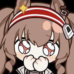 1girl angelina_(arknights) animal_ears animated animated_gif arknights blush brown_hair chinese_commentary chunye_haruya coat commentary_request dot_nose earpiece fox_ears hair_between_eyes hairband jacket long_hair looking_at_viewer lowres open_clothes open_coat open_jacket pleading_eyes red_eyes red_hairband second-party_source solo sparkle striped_clothes striped_hairband transparent_background twintails two-tone_hairband upper_body white_coat