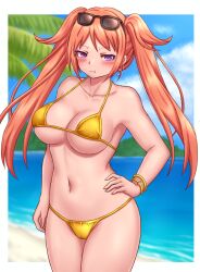 1girl ayu_(sakura_succubus) beach bikini earrings embarrassed hand_on_own_hip highres jewelry micro_bikini ocean orange_hair palm_leaf pout purple_eyes sakura_succubus swimsuit tarte twintails yellow_bikini