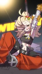 1girl ;o absurdres ahoge arm_behind_head arms_up black_tube_top blonde_hair breasts choker commentary detached_pants english_commentary gloves highres long_hair looking_at_viewer medium_breasts midriff navel one_eye_closed open_mouth orange_pants pants piper_wheel red_choker sitting sketchy_guy01 solo spikes strapless tube_top yellow_gloves zenless_zone_zero