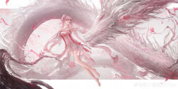 Rule 34 | 1girl, absurdres, bare legs, bare shoulders, barefoot, border, chinese clothes, chinese commentary, closed mouth, collarbone, commentary request, dragon, dress, eastern dragon, flower, full body, hair flower, hair ornament, hanfu, highres, jinhsi (peach blossom) (wuthering waves), jinhsi (wuthering waves), jue (wuthering waves), legs, letterboxed, long hair, looking at animal, nuli huahua de ybor, official alternate costume, outside border, pink flower, pink theme, solo, very long hair, white border, white dress, white hair, wuthering waves