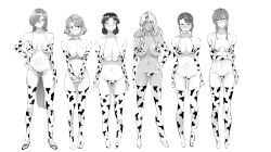 Rule 34 | 6+girls, animal print, bikini, blush, breasts, breasts apart, cleavage, closed eyes, closed mouth, collarbone, commentary, cow print, cow print bikini, cow print gloves, cow print thighhighs, dark-skinned female, dark skin, elbow gloves, facing viewer, folded ponytail, full body, furrowed brow, gloves, gojou iroha, greyscale, groin, hair between eyes, hair bun, hair over one eye, hand on own hip, hashima ema, high heels, highres, holding own arm, large breasts, lineup, long hair, looking at viewer, maniwa sana, mature female, medium breasts, medium hair, monochrome, multiple girls, navel, one eye covered, origami yukari, ponytail, print bikini, print gloves, print thighhighs, short hair, sketch, souraku yuzuki, standing, sweat, swept bangs, swimsuit, symbol-only commentary, takatsu yukina, thighhighs, toji no miko, very long hair, yamamoto kichiko