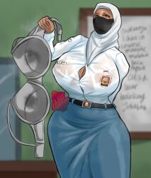 1girl artist_logo belt black_belt black_mask blue_skirt blurry blurry_background blush bra breasts brown_eyes commentary commentary_request dark-skinned_female dark_skin depth_of_field english_commentary grey_bra highres hijab indoors large_breasts logo mask mixed-language_commentary mouth_mask muslim original sangsangatsange see-through_clothes see-through_shirt shirt skirt solo underwear unworn_bra white_hijab white_shirt