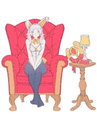 1girl absurdres animal_ear_hairband animal_ears barefoot between_legs black_pantyhose book bow bowtie breasts chair cleavage elf fake_animal_ears fake_tail frieren green_eyes hairband hand_between_legs highres lamp leotard lucy_mel0 mage_staff pantyhose playboy_bunny pointy_ears rabbit_ear_hairband rabbit_ears rabbit_tail simple_background sitting solo sousou_no_frieren strapless strapless_leotard table tail twintails white_background white_leotard yellow_bow yellow_bowtie