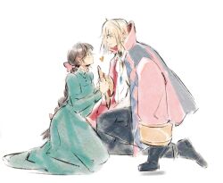 1boy 1girl aqua_dress black_pants black_shoes blonde_hair blue_gemstone bow braid brown_hair dress earrings gem hair_between_eyes hair_bow hat holding holding_unworn_clothes holding_unworn_hat howl_(howl_no_ugoku_shiro) howl_no_ugoku_shiro jacket jacket_on_shoulders jewelry kneeling long_dress long_hair looking_at_another medium_hair mmariesr on_one_knee pants pendant pink_bow shirt shoes single_braid smile sophie_(howl_no_ugoku_shiro) unworn_hat unworn_headwear white_background white_shirt